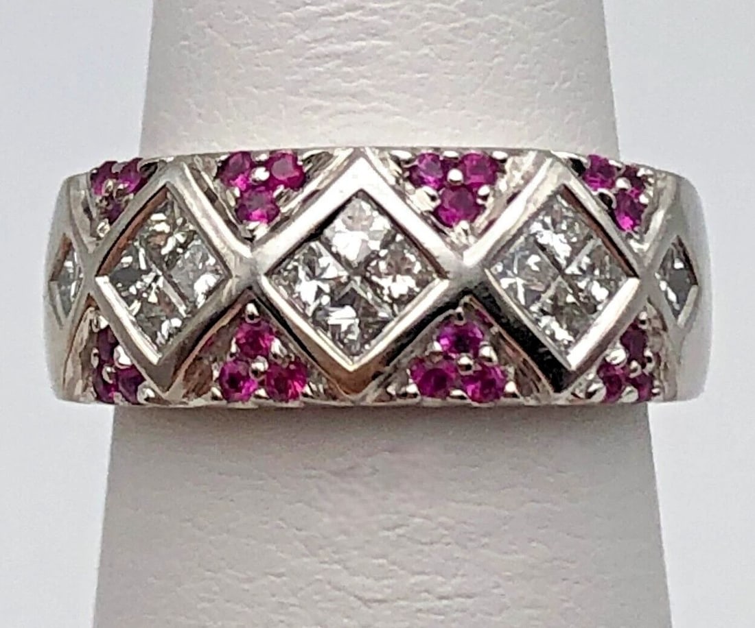 14K WHITE GOLD BAND WITH NATURAL RUBIES AND 0.42CTW DIAMONDS (SIZE: 6.25) 8 GRAM (1 of 2)