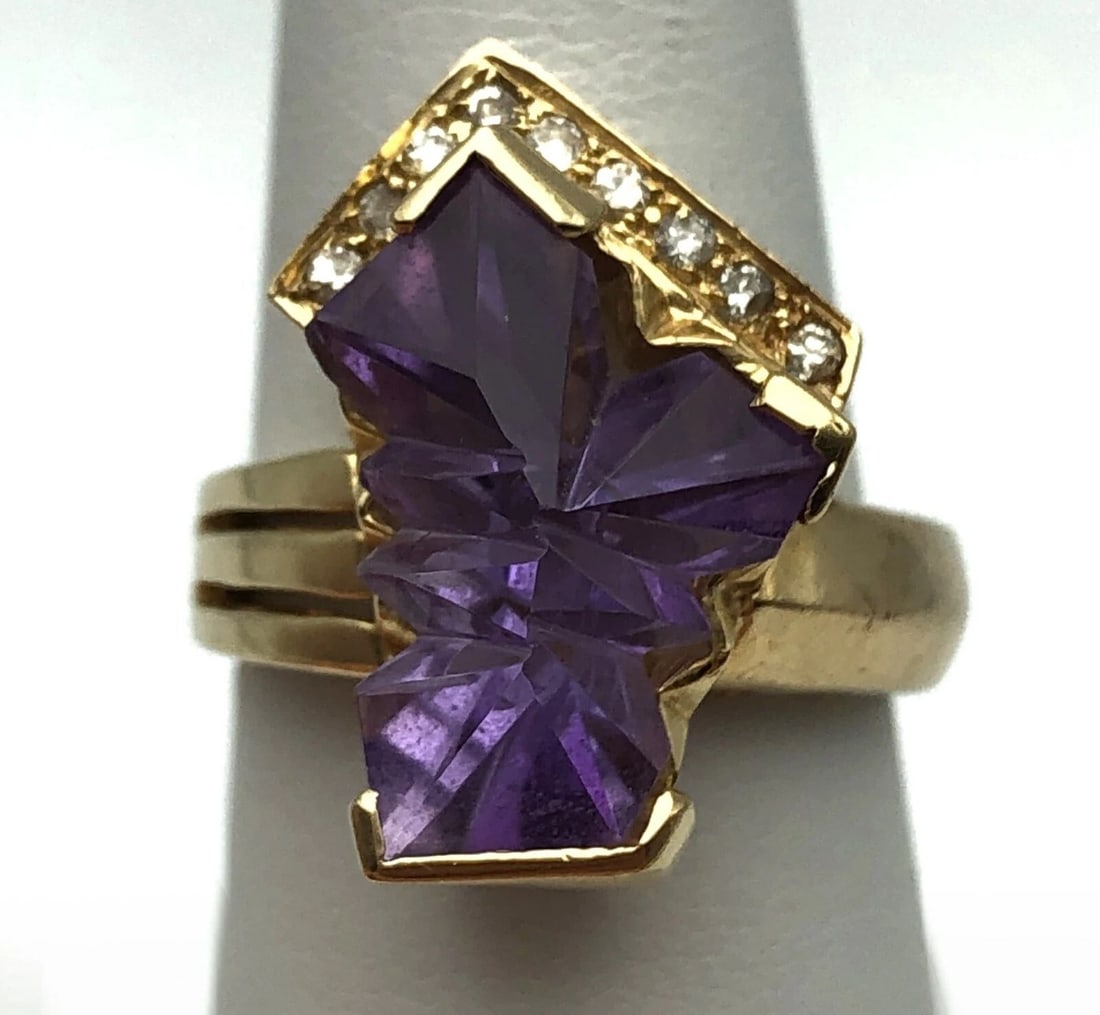 14K GOLD RING SET CUSTOM CUT AMETHYST 0.15CTS OF DIAMONDS (SIZE: 7.5) 8.2 GRAMS (1 of 2)