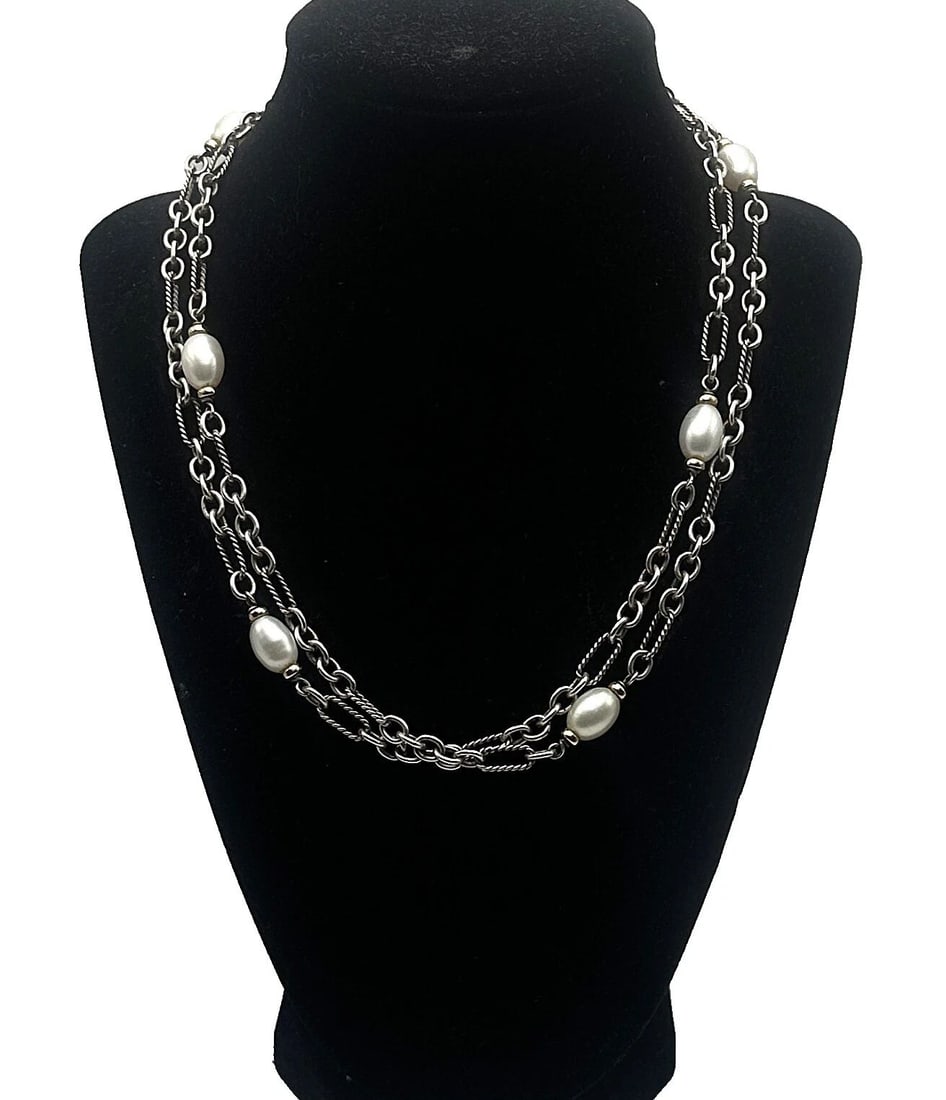 DAVID YURMAN SILVER NECKLACE WITH PEARLS & 18K GOLD ACCENTS ( 36 INCH ) 43.8G (1 of 2)