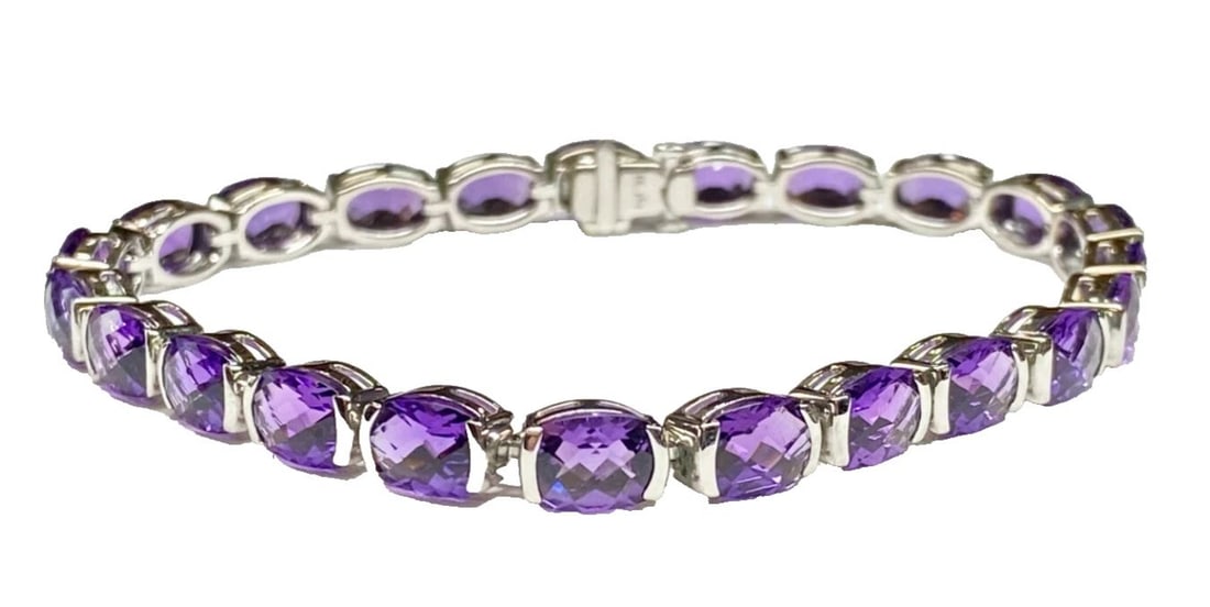 14K WHITE GOLD BRACELET WITH 7MM X 5MM AMETHYSTS 16.56CTS ( 7 INCH ) 12.6G (1 of 1)