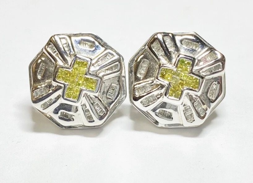 14K WHITE GOLD EARRINGS WITH 0.60CTW YELLOW AND WHITE DIAMONDS 7.8 GRAMS (1 of 1)