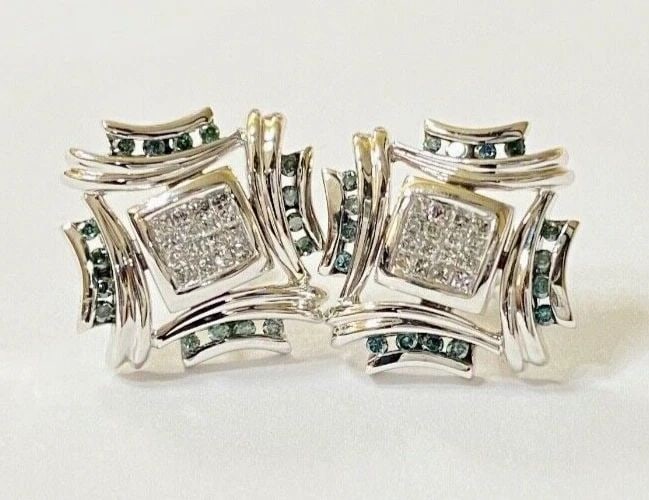 14K WHITE GOLD SQUARE EARRINGS WITH 0.50CTS OF BLUE & WHITE DIAMONDS 6.6G (1 of 1)
