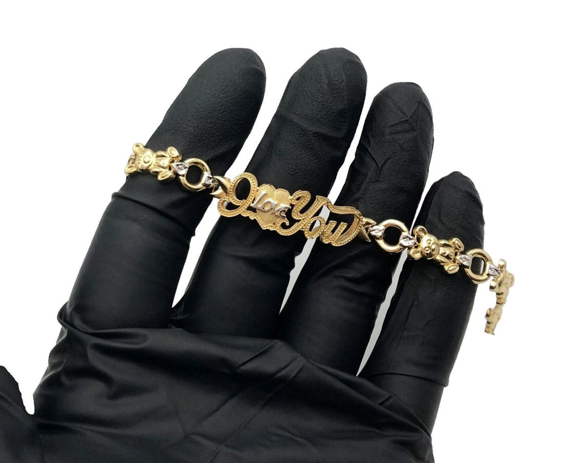 10K GOLD "I LOVE YOU" BRACELET WITH TEDDY BEAR LINKS ( 7.5" ) 7.5 GRAMS (1 of 1)