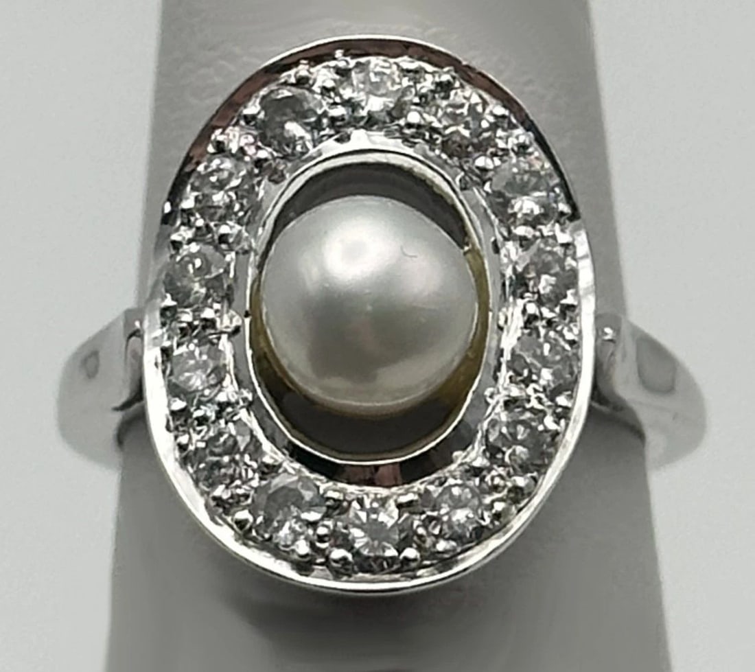 14K WHITE GOLD RING WITH PEARL AND 0.57CTW NATURAL DIAMONDS (SIZE 5.25) 4.6 GRAM (1 of 2)