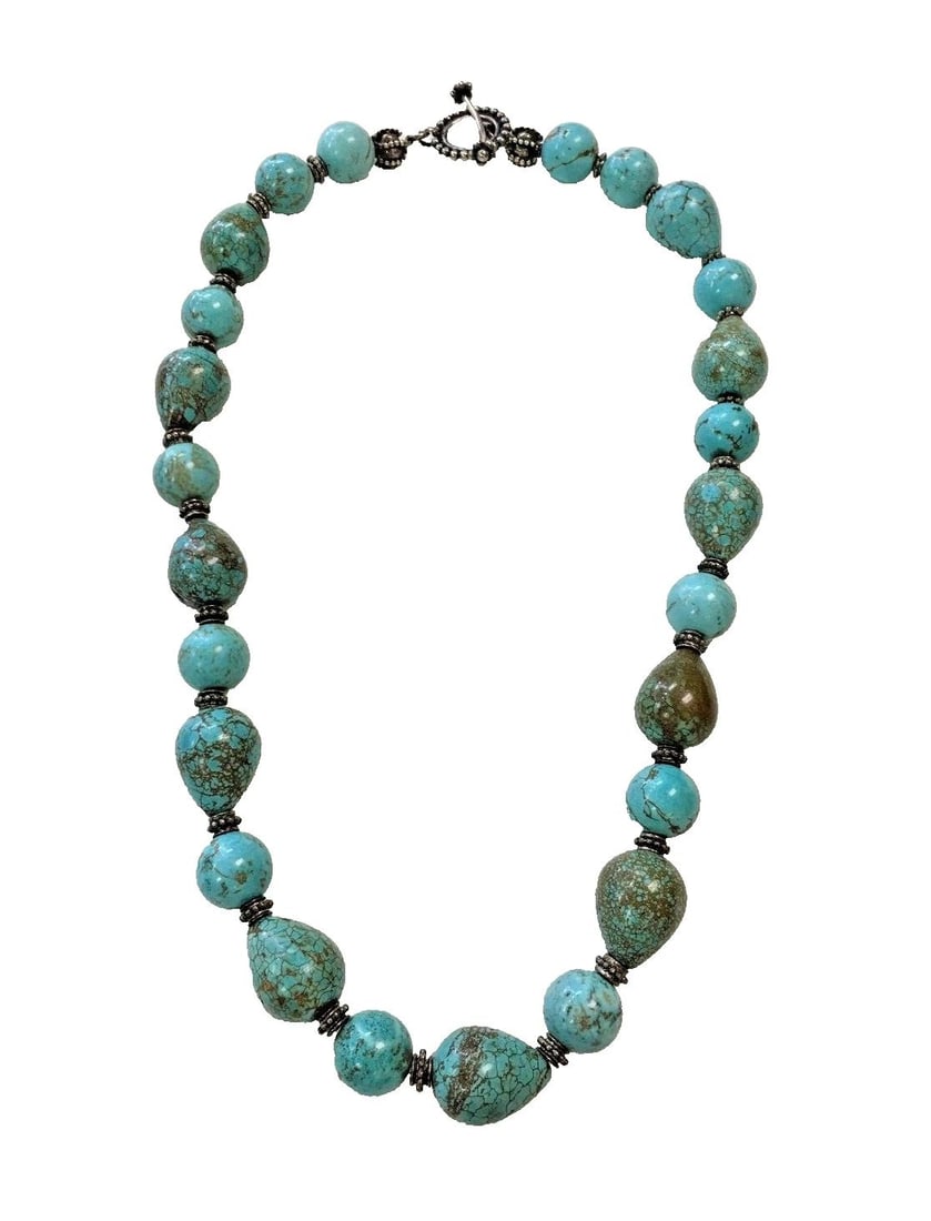 NECKLACE WITH GENUINE TURQUOISE AND STERLING SILVER ( 24 INCH ): 24 INCH NECKLACE WITH GENUINE TURQUOISE RARE COLLECTABLE 24 Inch Necklace with Turquoise Rare Collectable You are bidding on a pre-owned 24 Inch Necklace with Turquoise Rare Collectable. The necklace 