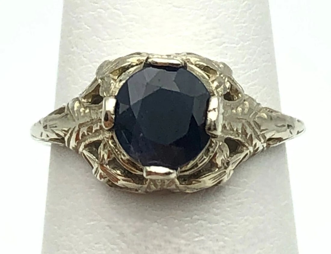 14K WHITE GOLD FILIGREE RING WITH NATURAL SAPPHIRE (SIZE 4.5) 1.9 GRAM (1 of 1)