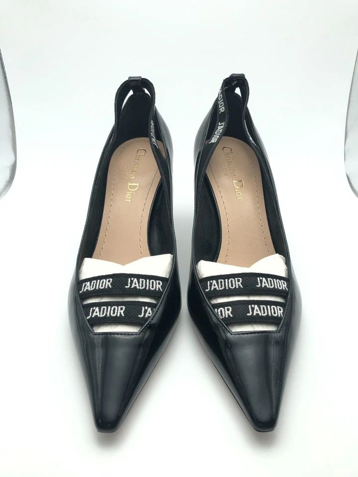 CHRISTIAN DIOR BLACK LEATHER J'ADIOR RIBBON POINTED TOE PUMPS SIZE: 37.5 (1 of 1)