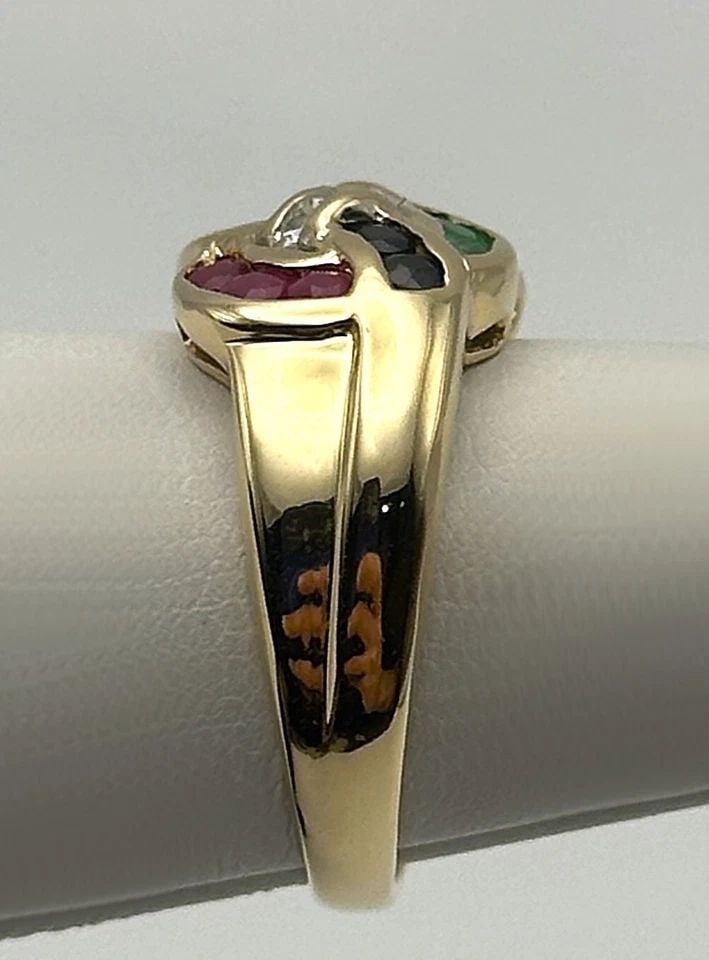 14K GOLD RING WITH RUBIES, SAPPHIRES, EMERALDS, DIAMONDS (SIZE 4) 4.3 GRAMS: 14K GOLD RING WITH ALL RUBIES, SAPPHIRES, EMERALDS, 0.13CTS OF DIAMONDS 14k Gold Ring with all Rubies, Sapphires, Emeralds, 0.13cts of Diamonds Condition: Used, has been cleaned by our in house Jewele
