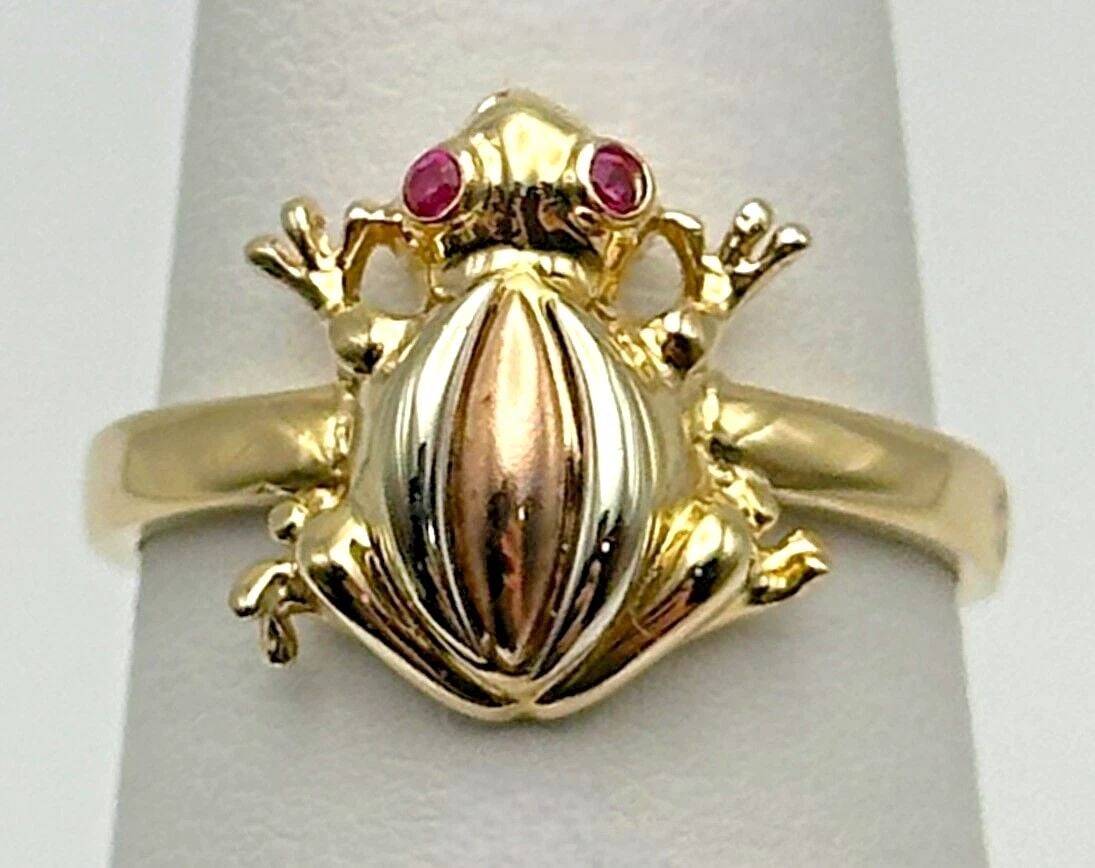 14K GOLD FROG RING, LAB CREATED RUBY EYES, THREE TONED BODY SIZE: 7.25 4.3G (1 of 2)
