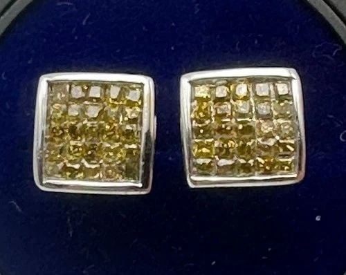 14K WHITE GOLD SQUARE EARRINGS, SCREW BACKS, 0.80CTW YELLOW DIAMONDS, 2.4 GRAM (1 of 1)