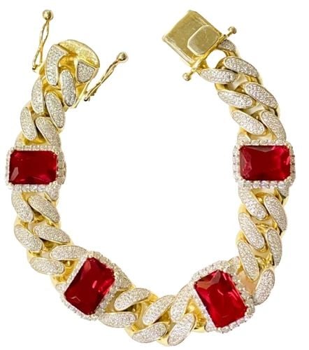 NEW 925 SILVER CUBAN BRACELET, GOLD PLATING RED/WHITE C.Z. (8.5 INCH) 96.1 GRAMS (1 of 2)