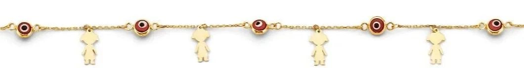 NEW 14K YELLOW GOLD RED EVIL EYE & GIRL CHARMS BRACELET: NEW 14K YELLOW GOLD RED EVIL EYE & GIRL CHARMS BRACELET RED EVIL EYE & GIRL CHARMS BRACELET NEW 14K YELLOW GOLD LENGTH - 7+1in Apx WEIGHT - 1.5g