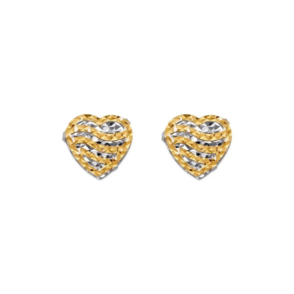 NEW 14K TWO TONE GOLD DIAMOND CUT HEART STUD EARRINGS: NEW 14K TWO TONE GOLD DIAMOND CUT HEART STUD EARRINGS DIAMOND CUT HEART STUD EARRINGS NEW 14K TWO TONE GOLD Width: Approx. 10x10mm Apx WEIGHT: 1.5g