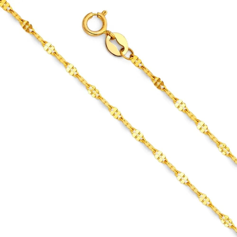 NEW 14K YELLOW GOLD 1.7MM TWIST DC MIRROR CHAIN: 14K YELLOW GOLD 1.7MM TWIST DC MIRROR CHAIN 1.7MM TWIST DC MIRROR CHAIN NEW 14K YELLOW GOLD WIDTH: 1.7mm AVERAGE Apx WEIGHT: 0.9g