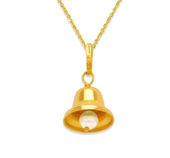 NEW 14K YELLOW GOLD BELL WITH PEARL CHARM PENDANT: NEW 14K YELLOW GOLD BELL WITH PEARL CHARM PENDANT BELL WITH PEARL CHARM PENDANT NEW 14K YELLOW GOLD Apx. WIDTH: 11x8mm Apx WEIGHT: 1.4g