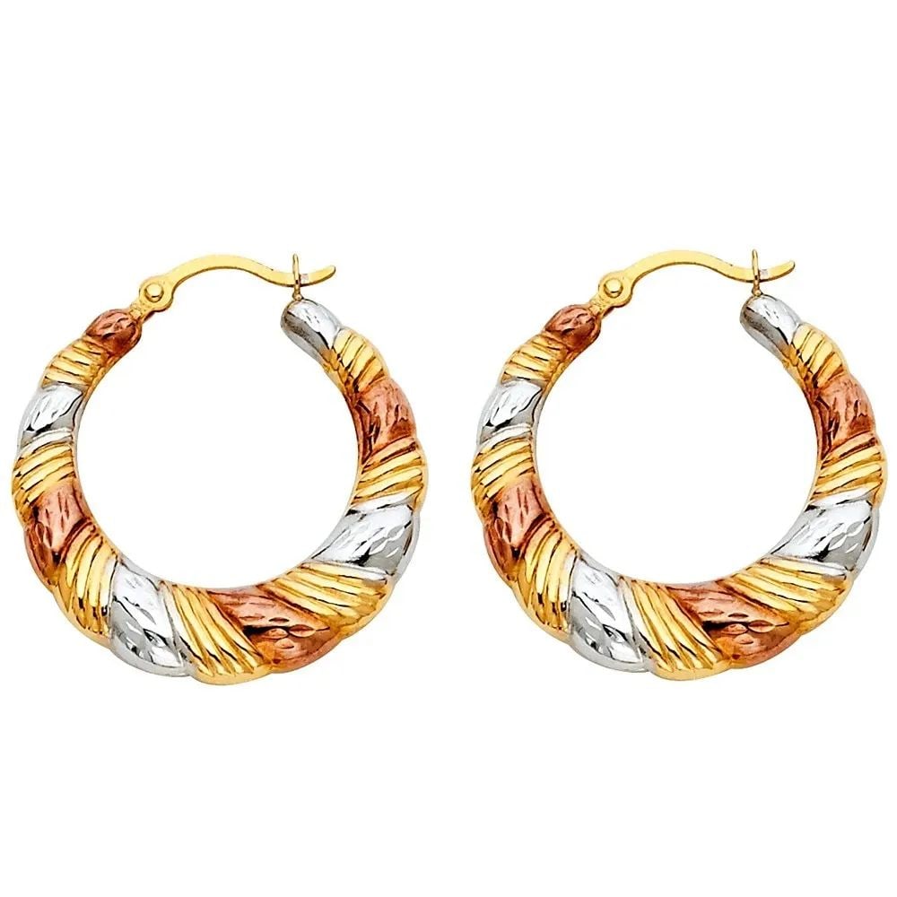 NEW 14K TRI COLOR GOLD FANCY HOLLOW HOOP EARRINGS (1 of 2)