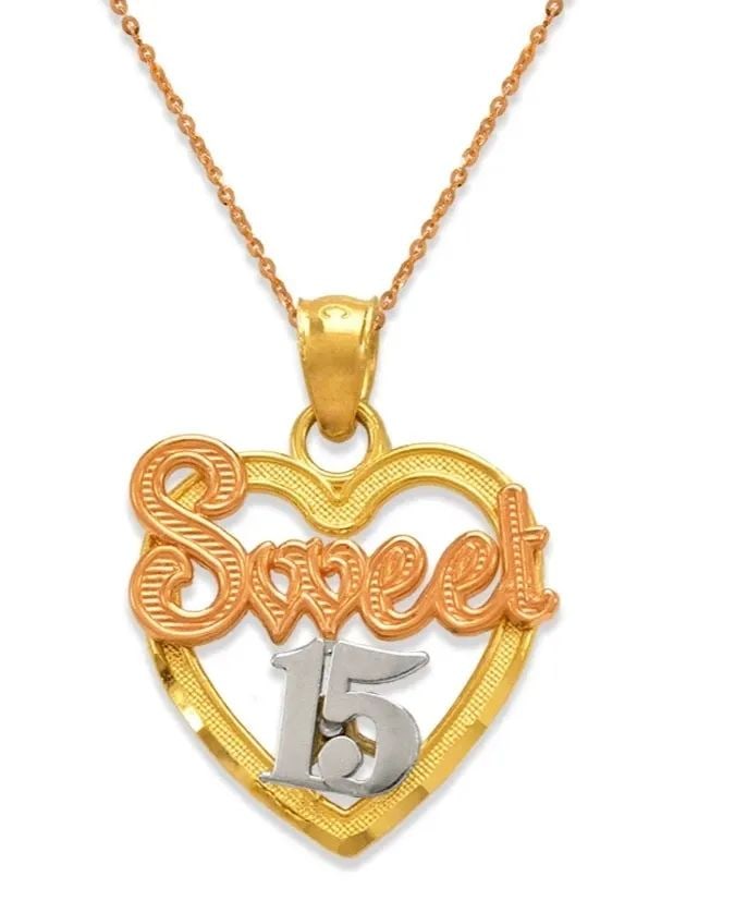 NEW 14K TRICOLOR GOLD SWEET 15 PENDANT: NEW 14K TRICOLOR GOLD SWEET 15 PENDANT SWEET 15 PENDANT NEW 14K TRICOLOR GOLD Apx. WIDTH: 16x16mm Apx WEIGHT: 1.3g