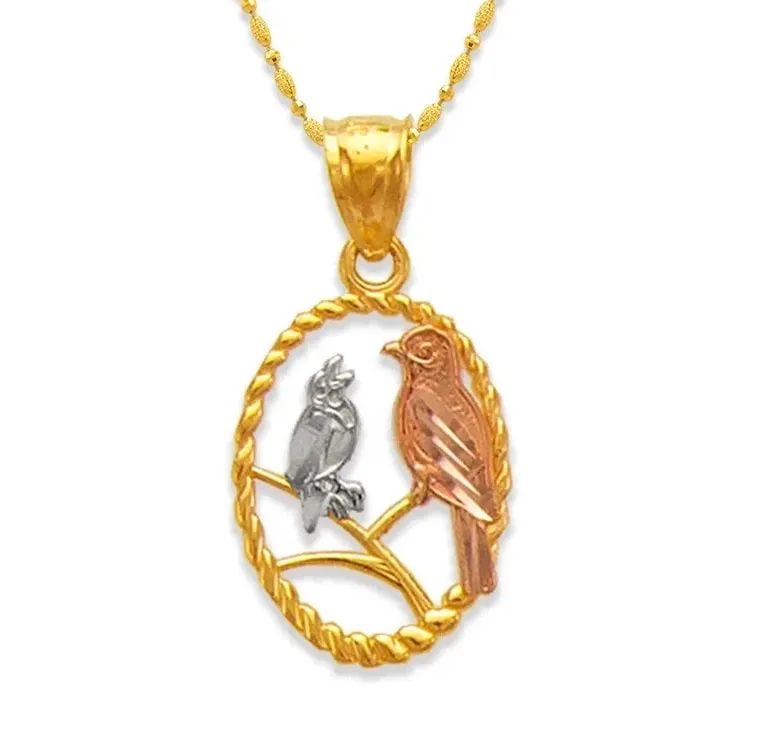NEW 14K TRICOLOR GOLD TWO DOVES ON A BRANCH PENDANT (1 of 2)