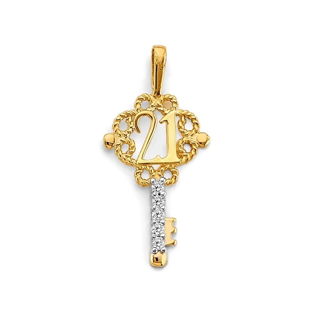 NEW 14K TWO TONE GOLD KEY 21 YEARS PENDANT: NEW 14K TWO TONE GOLD KEY 21 YEARS PENDANT KEY 21 YEARS PENDANT NEW 14K TWO TONE GOLD Height : 30 mm Width : 13 mm Apx. WEIGHT : 0.9g