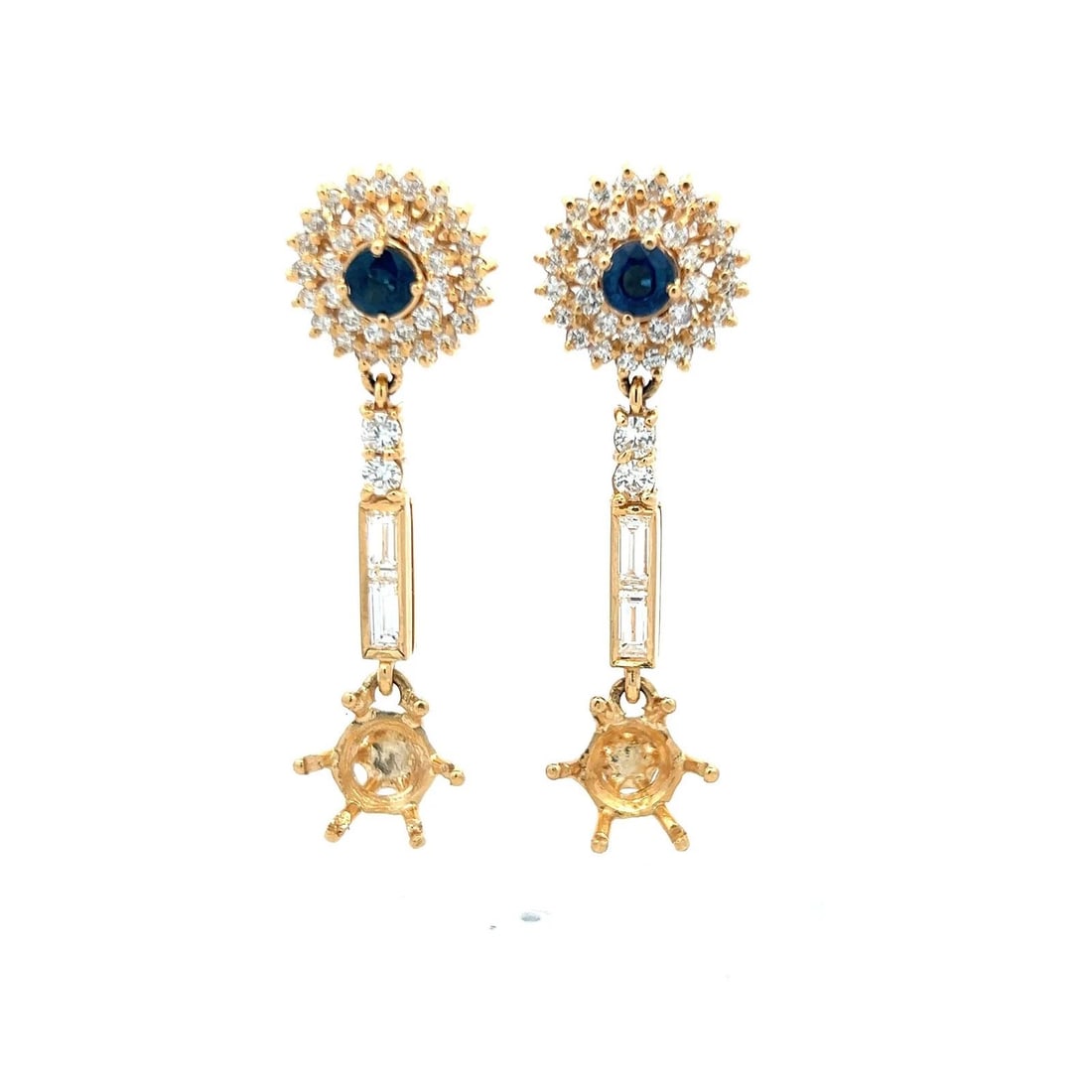 1.44 CARAT ROUND-BAGUETTE DIAMOND 0.50 CARAT SAPPHIRE 18K YG DANGLING EARRINGS: 1.44 CARAT ROUND-BAGUETTE DIAMOND 0.50 CARAT SAPPHIRE 18K YG DANGLING EARRINGS Title: 1.44 Carat Round Brilliant G VS1 and Baguette Shape G VS1 Diamond 0.50 Carat Round Brilliant Sapphire 18 Karat Yel