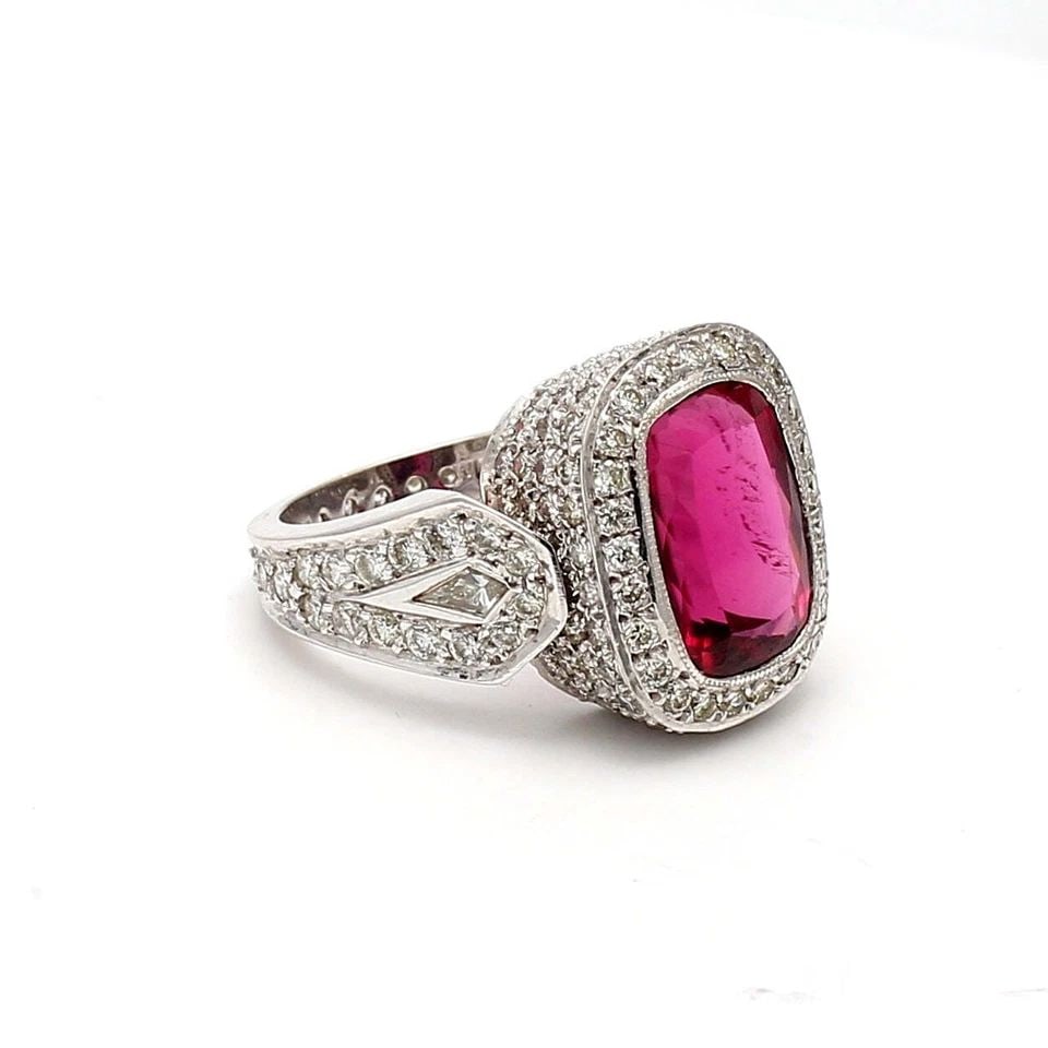6.00 CARAT TOURMALINE 2.71 CARAT ROUND & KITE DIAMOND 14K WG GEMS STONE RING: 6.00 CARAT TOURMALINE 2.71 CARAT ROUND & KITE DIAMOND 14K WG GEMS STONE RING Title: 6.00 Carat Cushion Brilliant Tourmaline 2.71 Carat Round Brilliant I SI1 and Kite Shape I VS1 Diamond 14 Karat White
