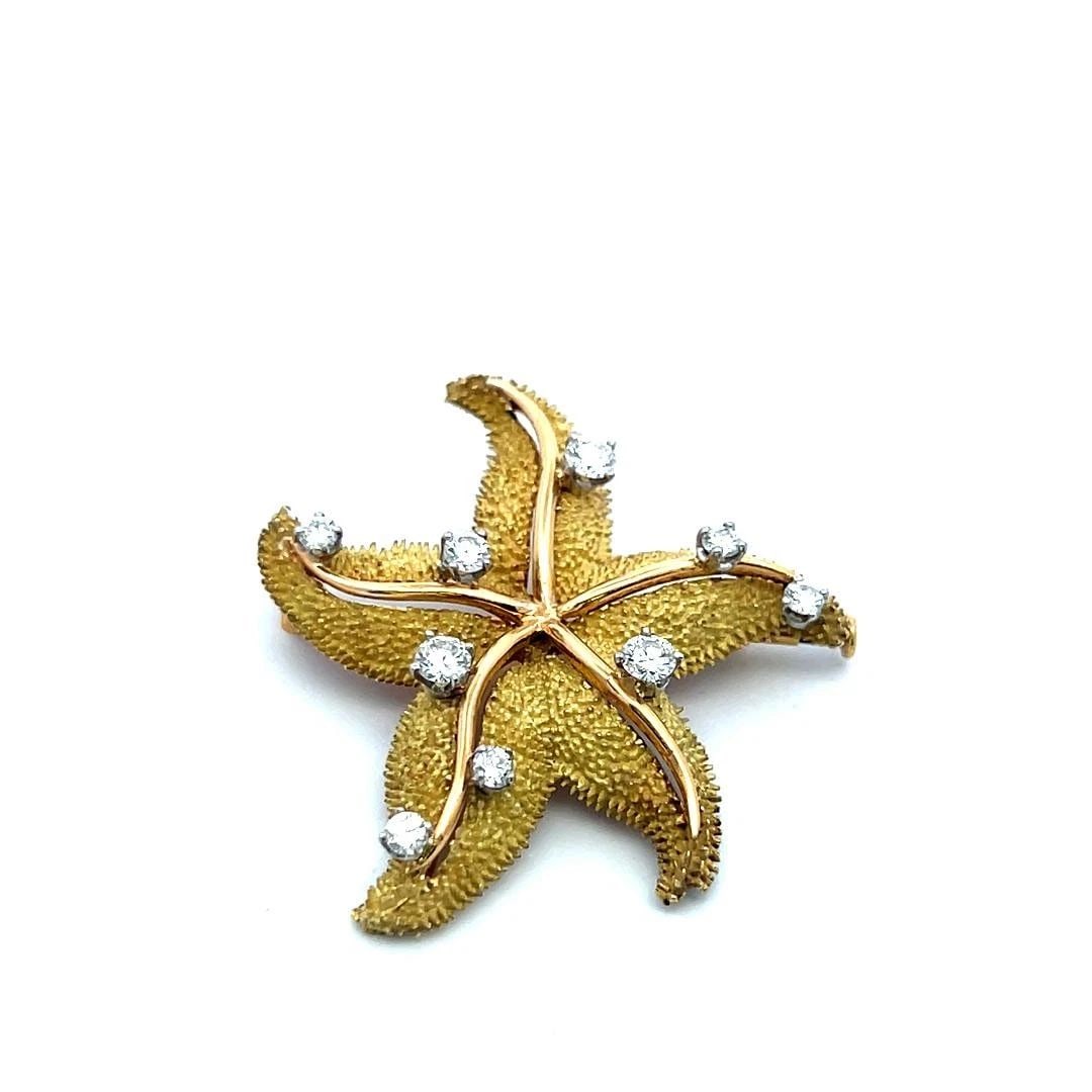 VINTAGE 18K GOLD STARFISH PIN BROOCH WITH 1.35 CARAT ROUND G VS DIAMONDS: VINTAGE 18K GOLD STARFISH PIN BROOCH WITH 1.35 CARAT ROUND G VS DIAMONDS VINTAGE 18K GOLD STARFISH PIN BROOCH WITH 1.35 CARAT ROUND G VS DIAMONDS PRODUCT DESCRIPTION Video: Video Link Detailed Descrip
