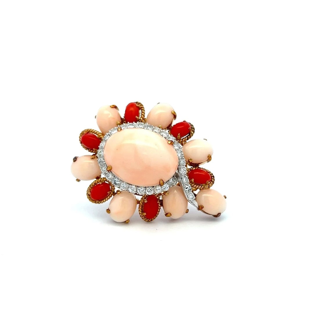 VINTAGE 18K YG PIN BROOCH WITH 0.73 CARAT ROUND G-VS DIAMONDS & CORAL GEMSTONES (1 of 2)