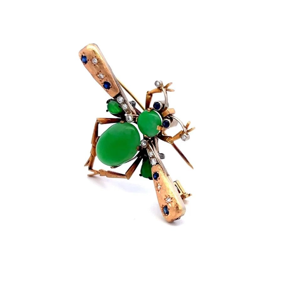 JADE, DIAMOND AND TANZANITE 14K YELLOW GOLD VINTAGE INSECT PIN BROOCH (1 of 1)