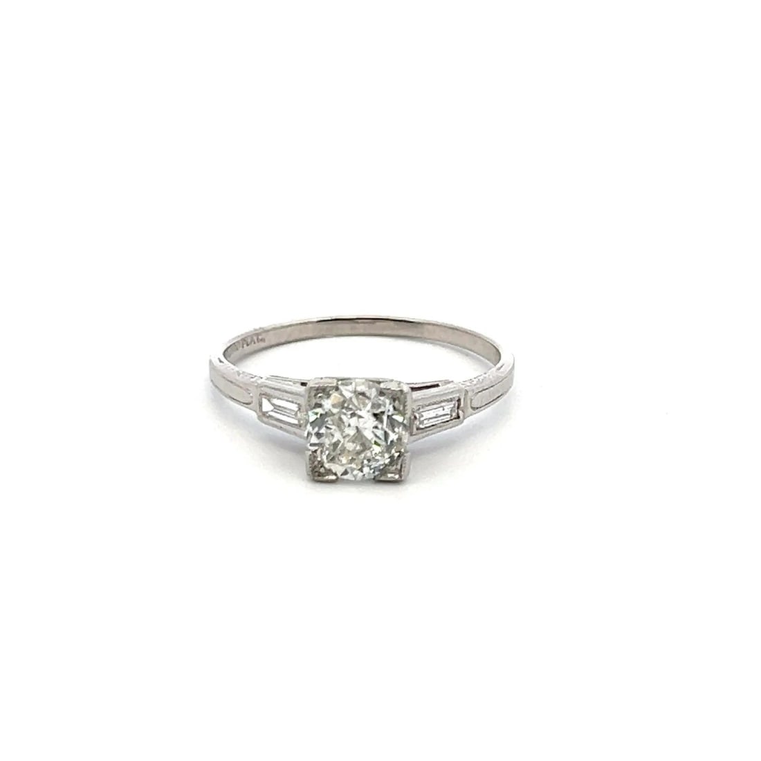 1.14 CARAT OLD EUROPEAN CUT AND BAGUETTE DIAMOND PLATINUM ENGAGEMENT RING: 1.14 CARAT OLD EUROPEAN CUT AND BAGUETTE DIAMOND PLATINUM ENGAGEMENT RING PRODUCT DESCRIPTION Title: 1.14 Carat Old European Cut H I2 and Baguette Shape H VS Diamond Platinum Engagement Ring Style: En