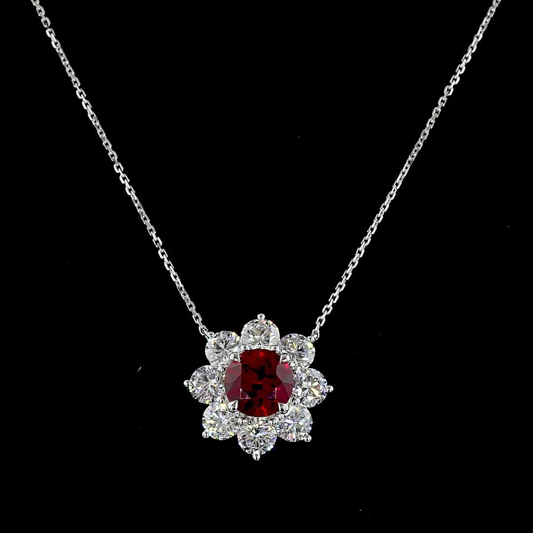 LAB-GROWN 2.9 CARAT ROUND RUBBY-VS2 DIAMOND 14K WHITE GOLD FLOWER PENDANT: LAB-GROWN 2.9 CARAT ROUND RUBBY-VS2 DIAMOND 14K WHITE GOLD FLOWER PENDANT Title: High-quality Brand-New Echo Friendly Elegant Lab-Grown 2.9 Carat Round Rubby-VS2 Diamond 14K White Gold Flower Pendant 