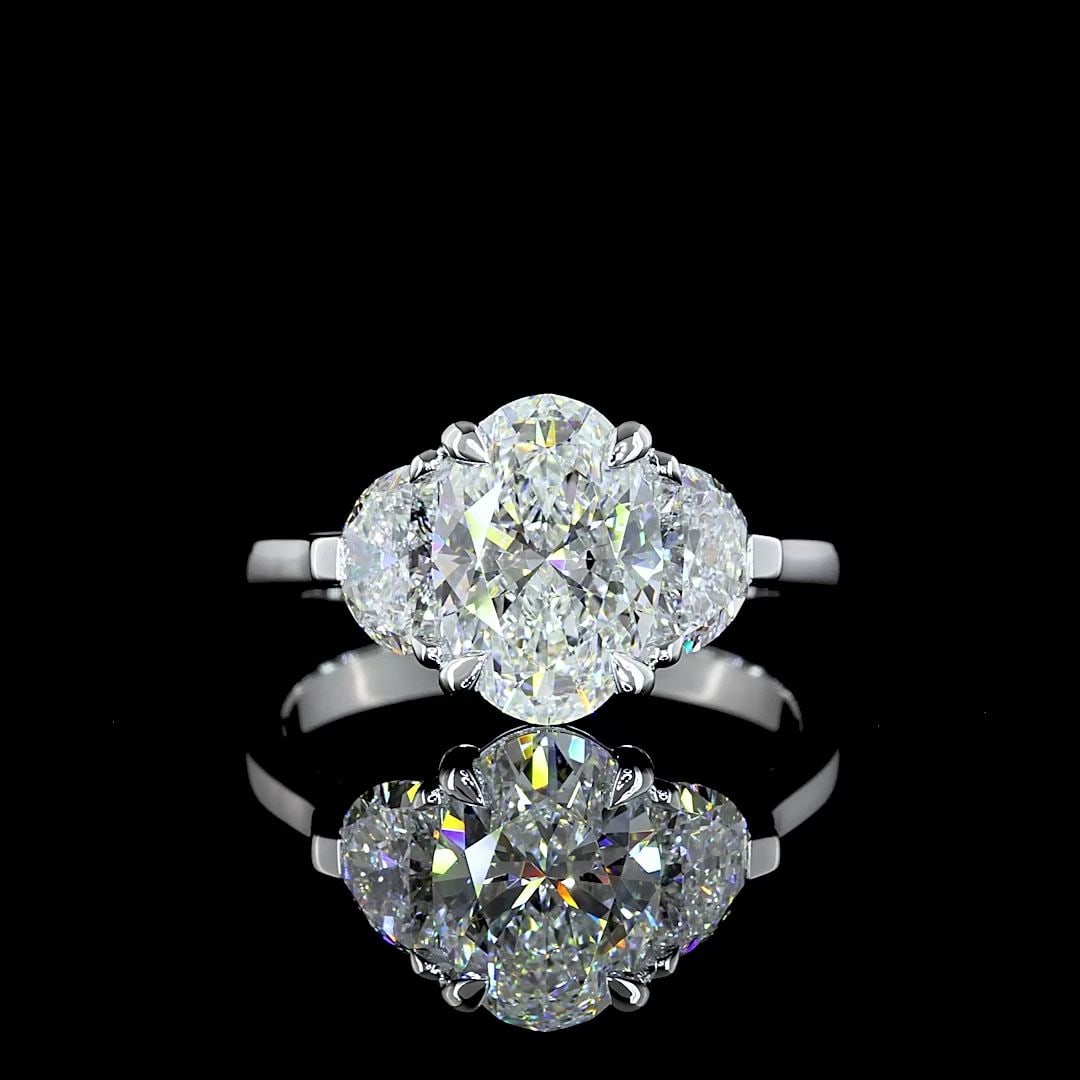 LAB-GROWN 2.95 CARAT OVAL E-F- DIAMOND 14K WHITE GOLD THREE STONES RING: LAB-GROWN 2.95 CARAT OVAL E-F- DIAMOND 14K WHITE GOLD THREE STONES RING Title: High-quality Brand-New Echo Friendly Elegant Lab-Grown 2.95 Carat Oval E-F- Diamond 14K White Gold Three Stones Ring Vide