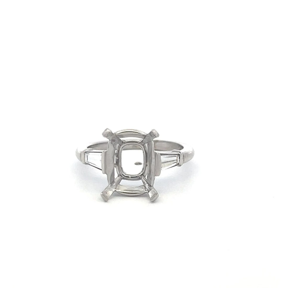 PLATINUM SEMI MOUNT RING WITH 0.51 CARAT TAPERED BAGUETTE DIAMONDS FITS 3.5CT++: PLATINUM SEMI MOUNT RING WITH 0.51 CARAT TAPERED BAGUETTE DIAMONDS FITS 3.5CT++ Detailed Description: Fits 10.4*8.5mm Stone Embrace the elegance of this vintage platinum semi mount ring, designed with