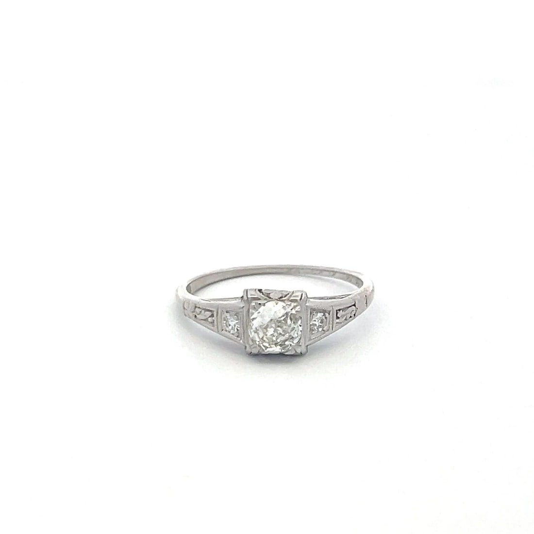 PLATINUM ENGAGEMENT RING WITH 0.40 CARAT OLD EUROPEAN CUT DIAMONDS SIZE 6.5: PLATINUM ENGAGEMENT RING WITH 0.40 CARAT OLD EUROPEAN CUT DIAMONDS SIZE 6.5 Detailed Description: Embrace timeless elegance with this vintage platinum engagement ring. Featuring a striking 0.38 carat 