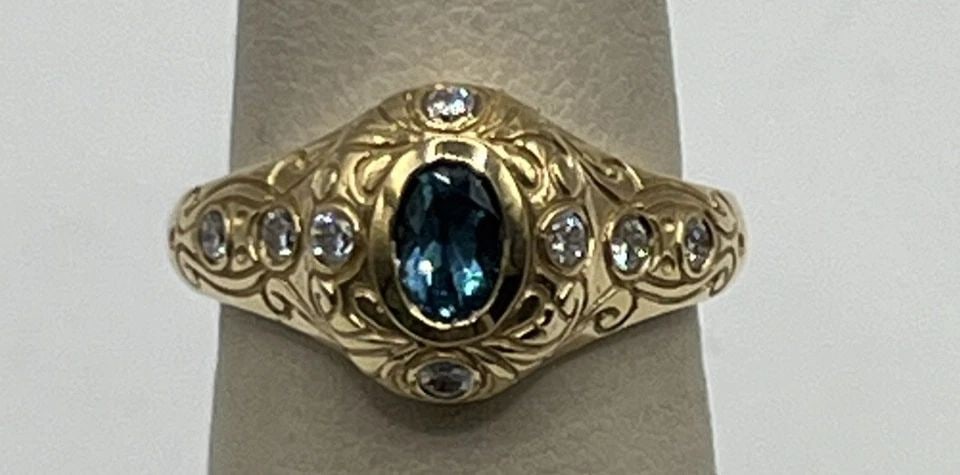 14KT YELLOW GOLD, DIAMOND & BLUE TOPAZ RING SIZE 6.75 (1 of 1)