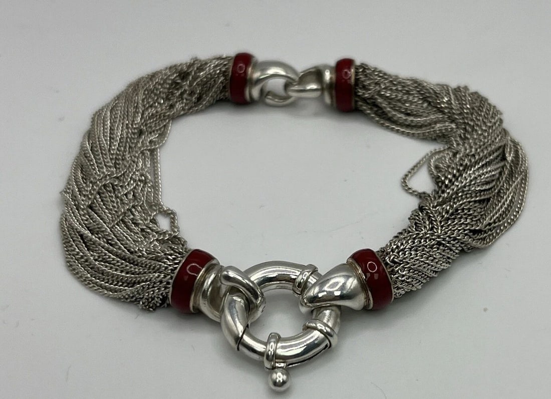 TIFFANY & CO SILVER RARE RED ENAMEL MULTI STRAND CHAIN MESH BRACELET BANGLE (1 of 2)