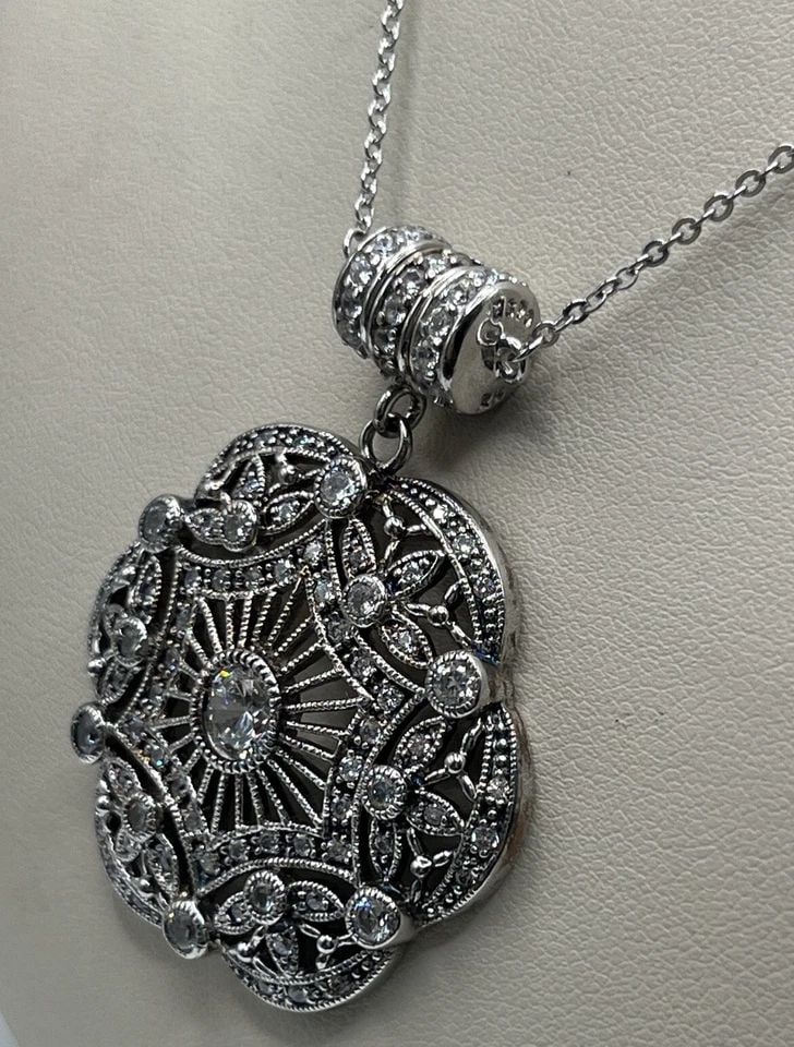 ESPO STERLING SILVER ART DECO 17" NECKLACE CZ PENDANT MEDALLION MAGNETIC CLASP (1 of 1)