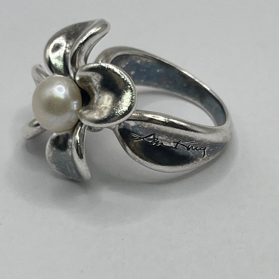 ANNA KING STERLING SILVER PEARL & ORCHID FLOWER RING SIZE 7 (1 of 1)