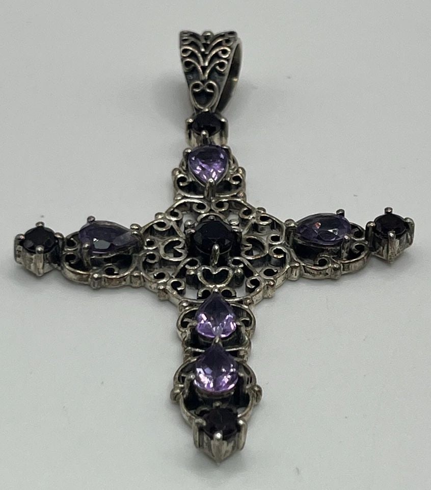 VINTAGE INDIA DESIGNER STERLING SILVER AMETHYST GARNET FLORAL DESIGN PENDANT (1 of 1)