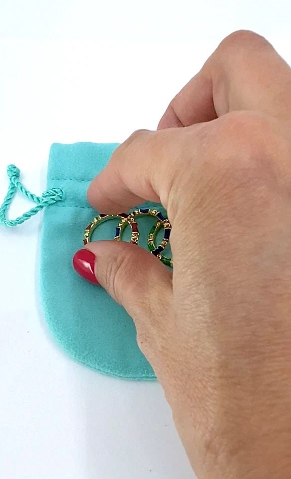 TIFFANY & CO. ENAMEL BAMBOO STACKING RINGS 18K YELLOW GOLD BLUE GREEN & RED (1 of 2)