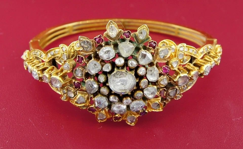 VICTORIAN ROSE CUT DIAMOND RUBY YELLOW GOLD BANGLE BRACELET UNIQUE GORGEOUS: VICTORIAN ROSE CUT DIAMOND RUBY YELLOW GOLD BANGLE BRACELET UNIQUE GORGEOUS Gorgeous Victorian Rose Cut Diamond, Ruby & Yellow Gold Bracelet Europe… late 19th Century – early 20th Century… Beaut
