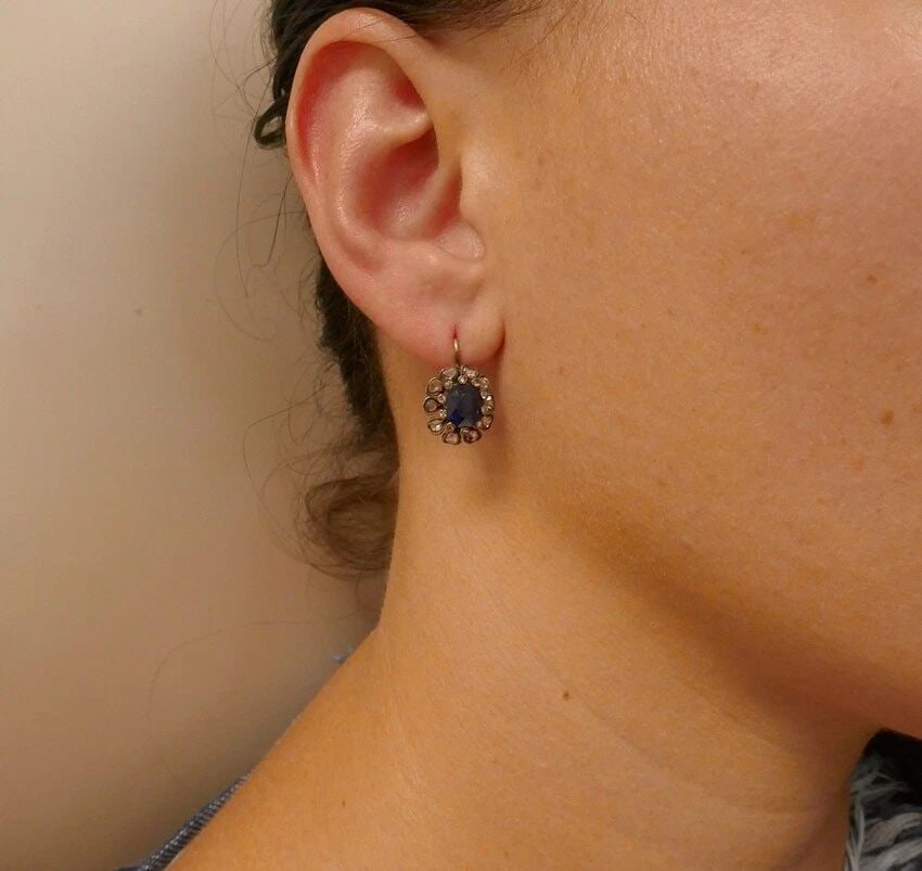 VICTORIAN SAPPHIRE DIAMOND SILVER 14K YELLOW GOLD EARRINGS DROP CLUSTER ANTIQUE: VICTORIAN SAPPHIRE DIAMOND SILVER 14K YELLOW GOLD EARRINGS DROP CLUSTER ANTIQUE Victorian Sapphire Diamond Silver 14 karat Yellow Gold Cluster Earrings Fabulous everyday earrings made of silver and 14
