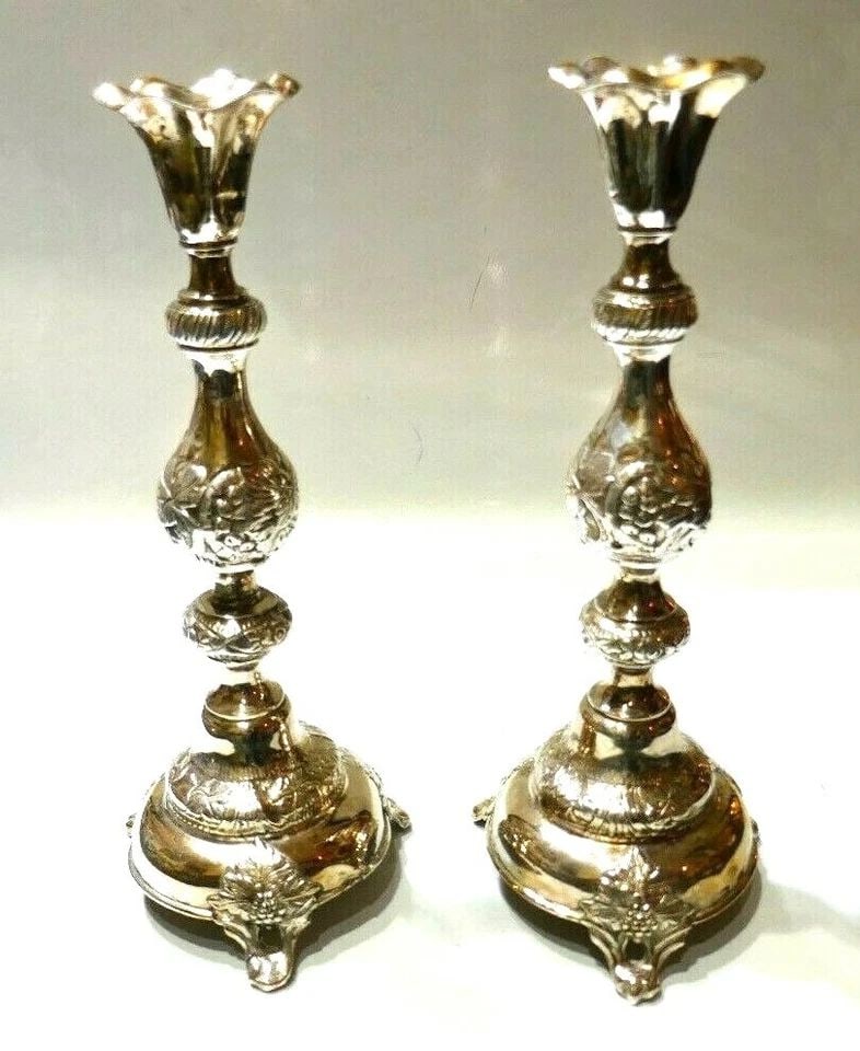 RUSSIAN SILVER PAIR OF CANDLESTICKS ANTIQUE (1 of 2)
