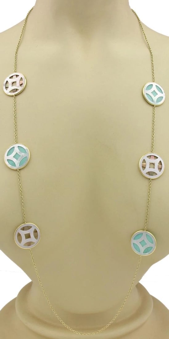 IPPOLITA MOTHER OF PEARL TURQUOISE 18K YGOLD 6 ROUND STATION LONG NECKLACE: IPPOLITA MOTHER OF PEARL TURQUOISE 18K YGOLD 6 ROUND STATION LONG NECKLACE Ippolita Mother of Pearl Turquoise 18k YGold 6 Round Station Long Necklace Description This is a fashionable authentic long c