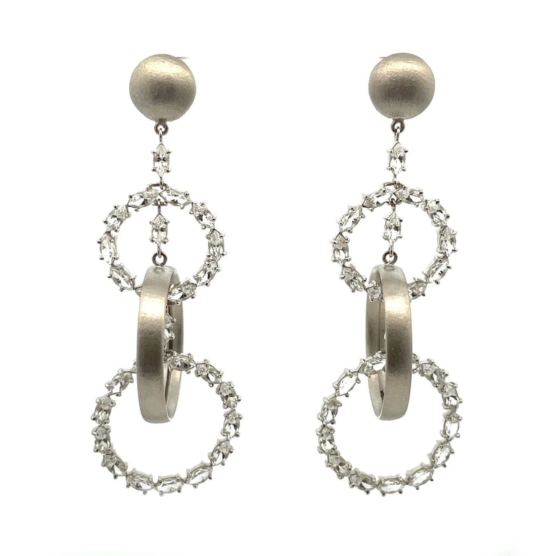 CARLA AMORIM 18K WHITE GOLD TOPAZ TRIPLE HOOP DANGLE EARRINGS: CARLA AMORIM 18K WHITE GOLD TOPAZ TRIPLE HOOP DANGLE EARRINGS This gorgeous authentic pair of earrings are by designer Carla Amorim, it is crafted from 18k white gold featuring triple hoop style with 