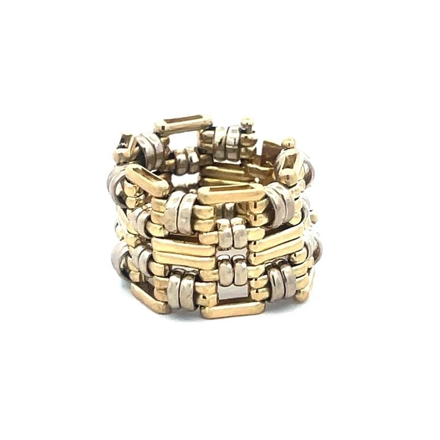 ENAMEL 18K GOLD RING YELLOW MULTI-COLOR ROLLING BANDS VINTAGE: ENAMEL 18K GOLD RING YELLOW MULTI-COLOR ROLLING BANDS VINTAGE This vintage 18k gold ring features a unique yellow enamel design with rolling bands, making it a stylish and eye-catching accessory for w
