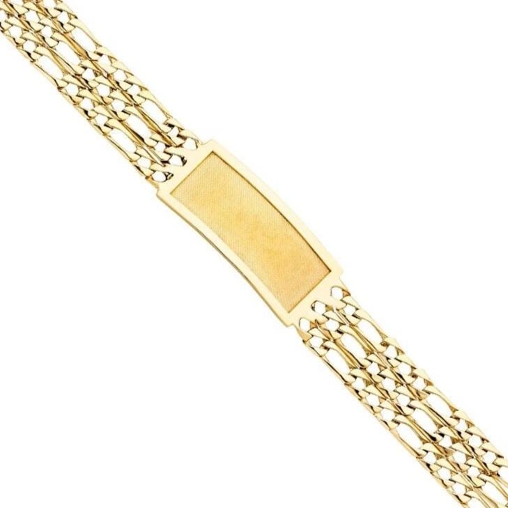 NEW 14K YELLOW GOLD 3 ROW LIGHT FIGARO LINK FRAME ID BRACELET: NEW 14K YELLOW GOLD 3L LIGHT FIGARO LINK FRAME ID BRACELET 3L LIGHT FIGARO LINK FRAME ID BRACELET NEW 14K YELLOW GOLD LENGTH - 8.5in Apx WEIGHT - 34g