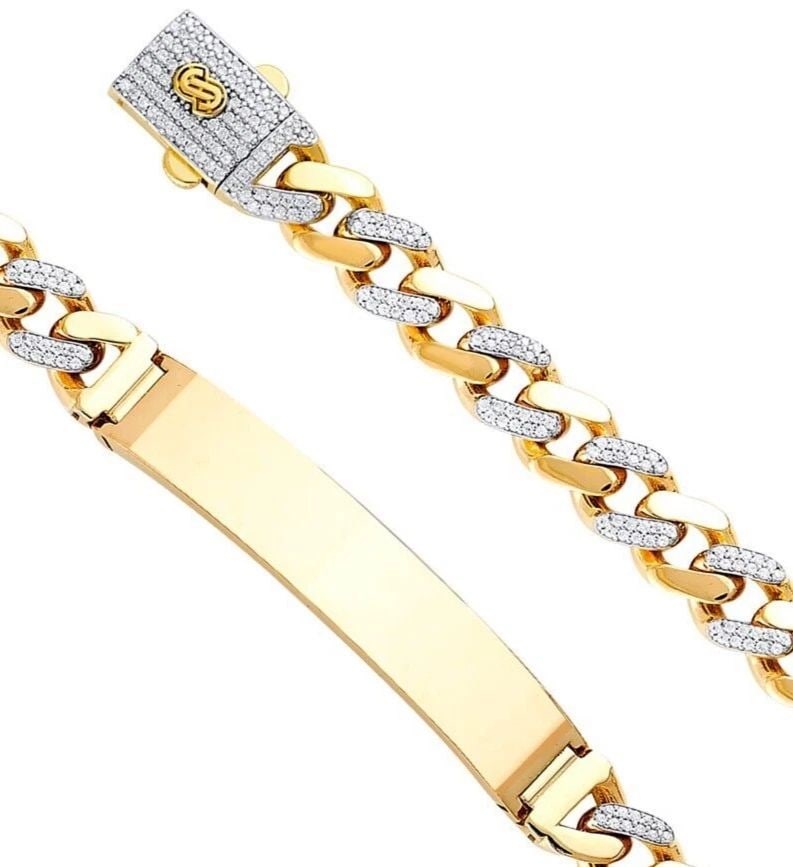 NEW 14K YELLOW GOLD 9.5MM HOLLOW CURB MONACO BRACELET WITH PLAIN ID: NEW 14K YELLOW GOLD 9.5MM HOLLOW CUBAN MONACO BRACELET WITH PLAIN ID 9.5MM HOLLOW CUBAN MONACO BRACELET WITH PLAIN ID NEW 14K YELLOW GOLD C Z LENGTH - 8.5in Apx WEIGHT - 18.4g