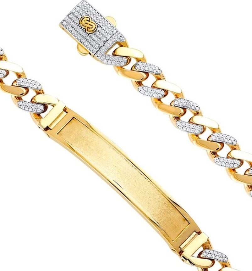 NEW 14K YELLOW GOLD 9.5MM HOLLOW CUBAN MONACO BRACELET WITH FRAME ID: NEW 14K YELLOW GOLD 9.5MM HOLLOW CUBAN MONACO BRACELET WITH FRAME ID 9.5MM HOLLOW CUBAN MONACO BRACELET WITH FRAME ID NEW 14K YELLOW GOLD C Z LENGTH - 8.5in Apx WEIGHT - 17.9g