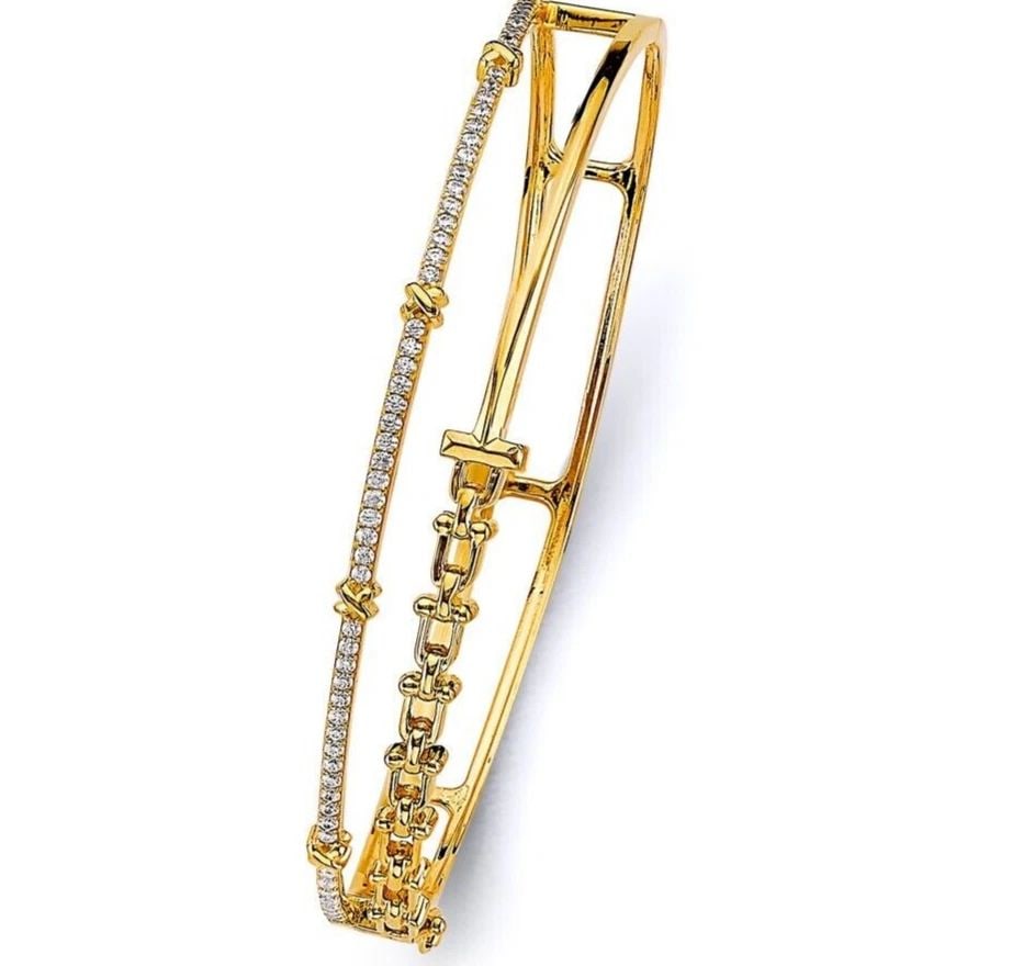 NEW 14K YELLOW GOLD 2 LINES OVAL BANGLE: NEW 14K YELLOW GOLD 2 LINES OVAL BANGLE WITH 2 LINES OVAL BANGLE NEW 14K YELLOW GOLD C Z LENGTH - 7in Apx WEIGHT - 12.8g .
