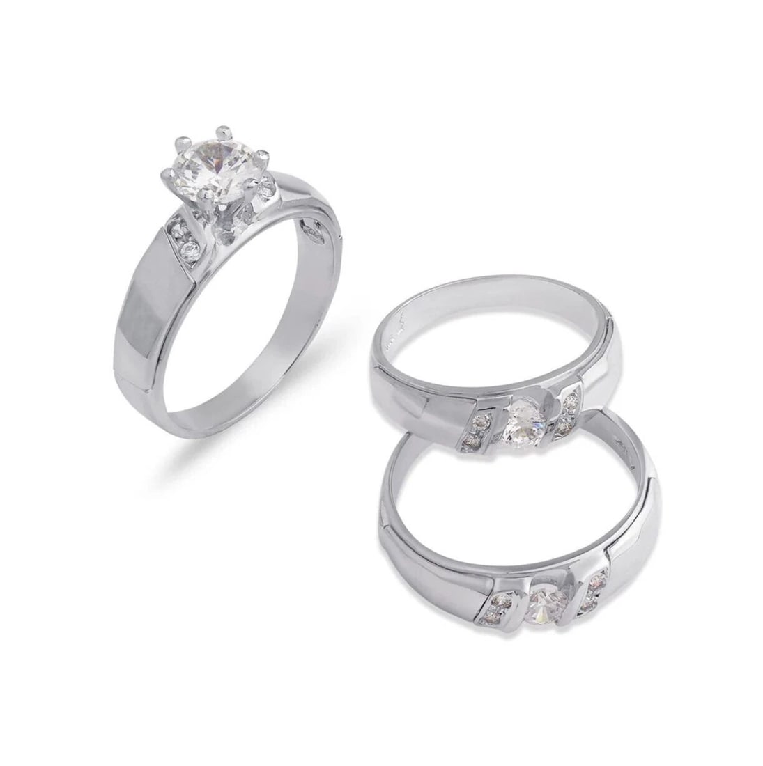 NEW 14K WHITE GOLD WEDDING TRIO RING SET: NEW 14K WHITE GOLD WEDDING TRIO RING SET 14K White Gold Ladies band and engagement ring is size 7 Men's ring is size 10 Rings Also Sold Separately Available in Yellow, Tricolor and Two Tone Gold Weigh